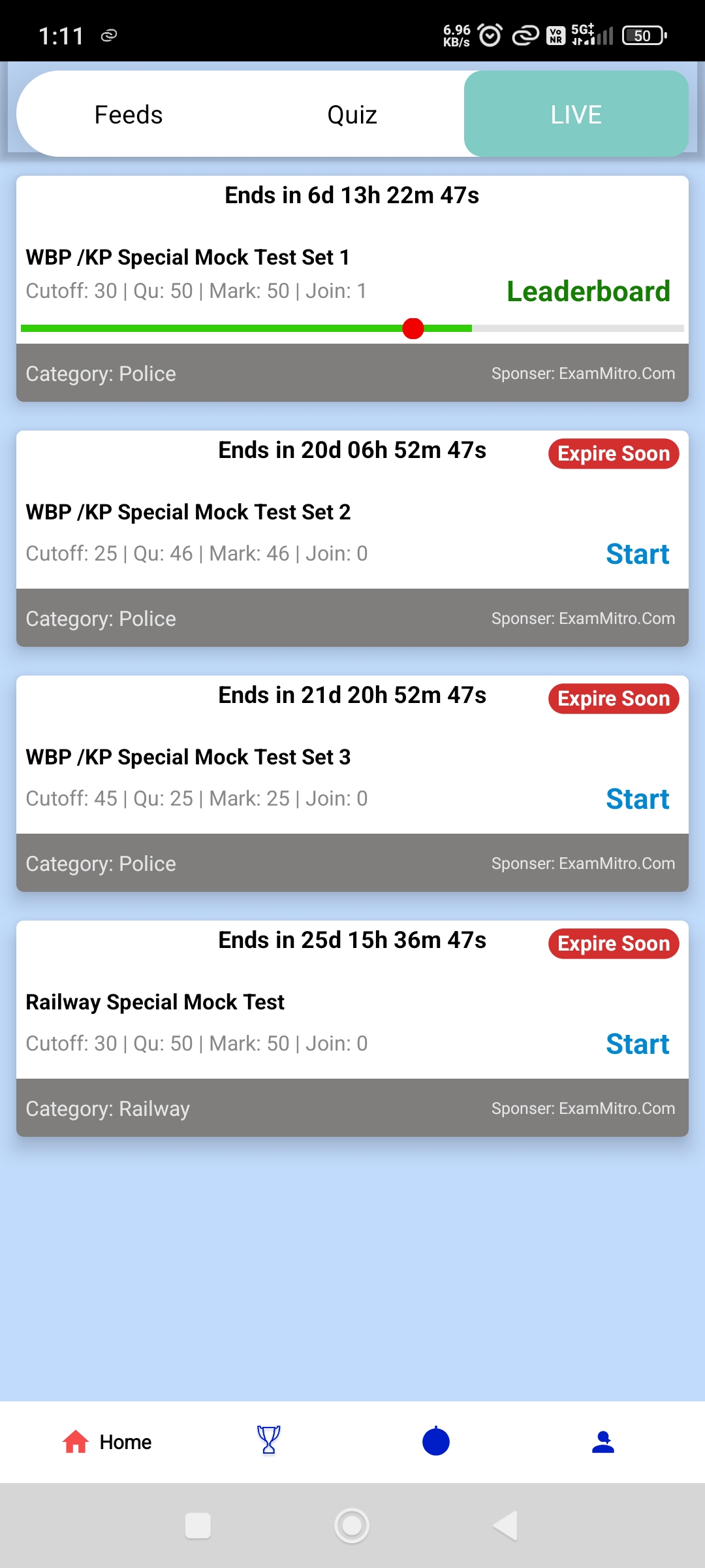 App Live Test Image: A mobile screen showing a live test timer and leaderboard