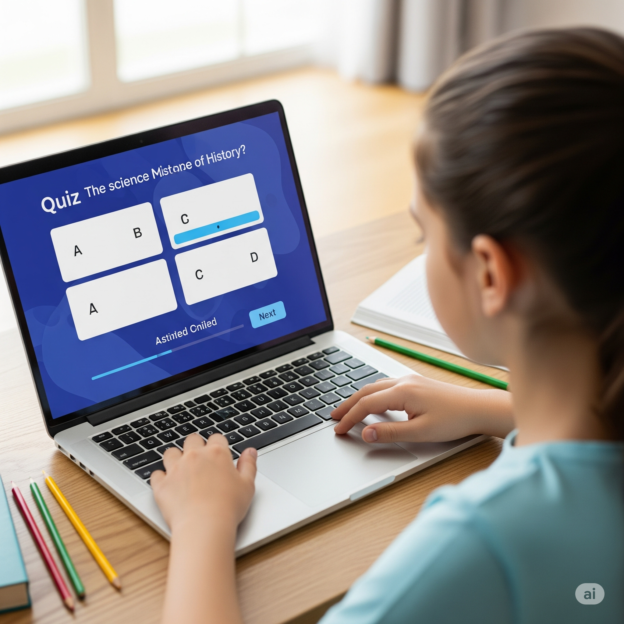 Daily Quiz Image: A student answering MCQs on a laptop with Bengali text on the screen