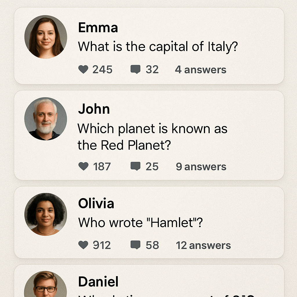 Q&A Feed Image: A discussion board with MCQ questions and user avatars